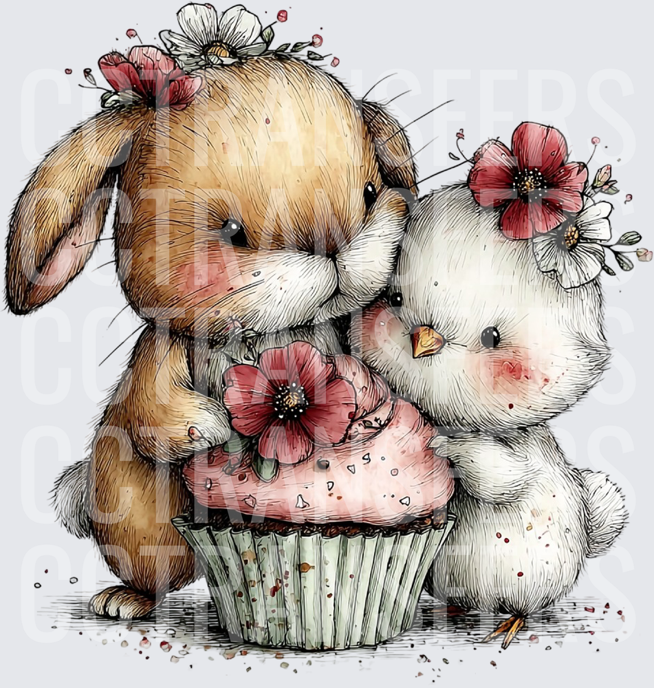 Cute Bunny & Chick Sharing Floral Cupcake (DTF)