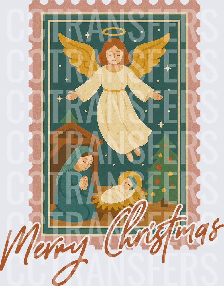 Merry Christmas Nativity Angel Vintage Stamp (DTF)