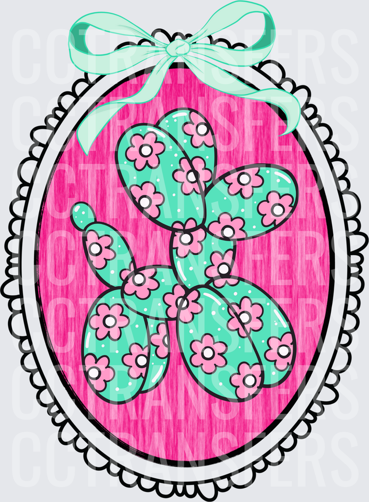 Mint Floral Balloon Dog Oval Cameo Frame with Bow (DTF)