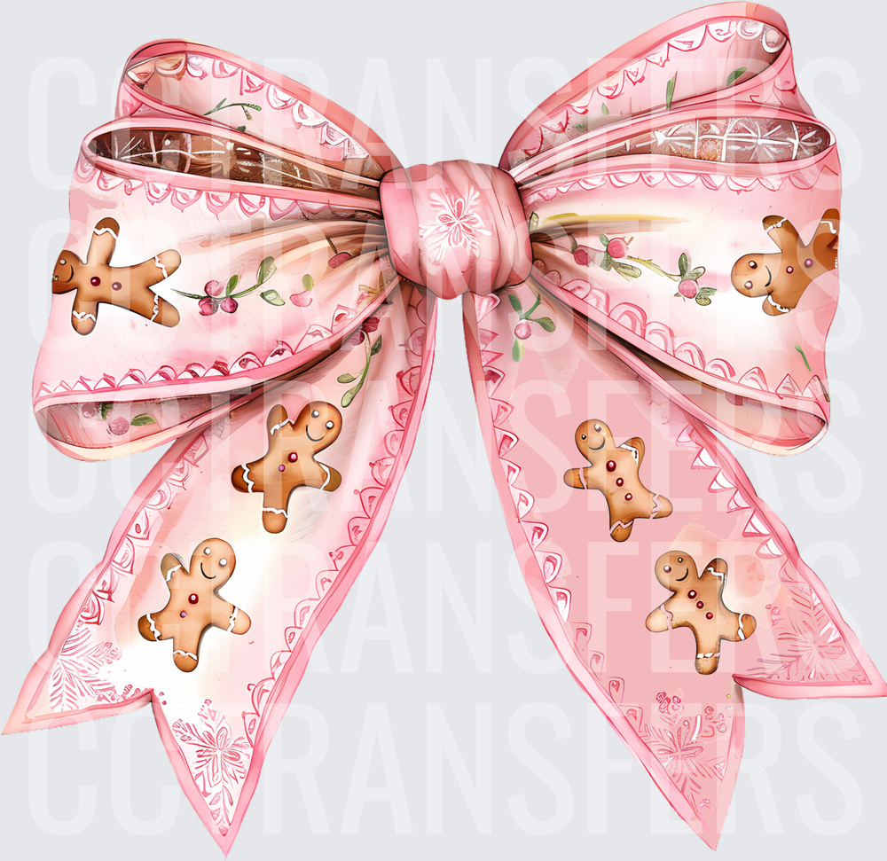 Pink Ribbon Bow with Gingerbread Men Holiday Pattern (DTF)