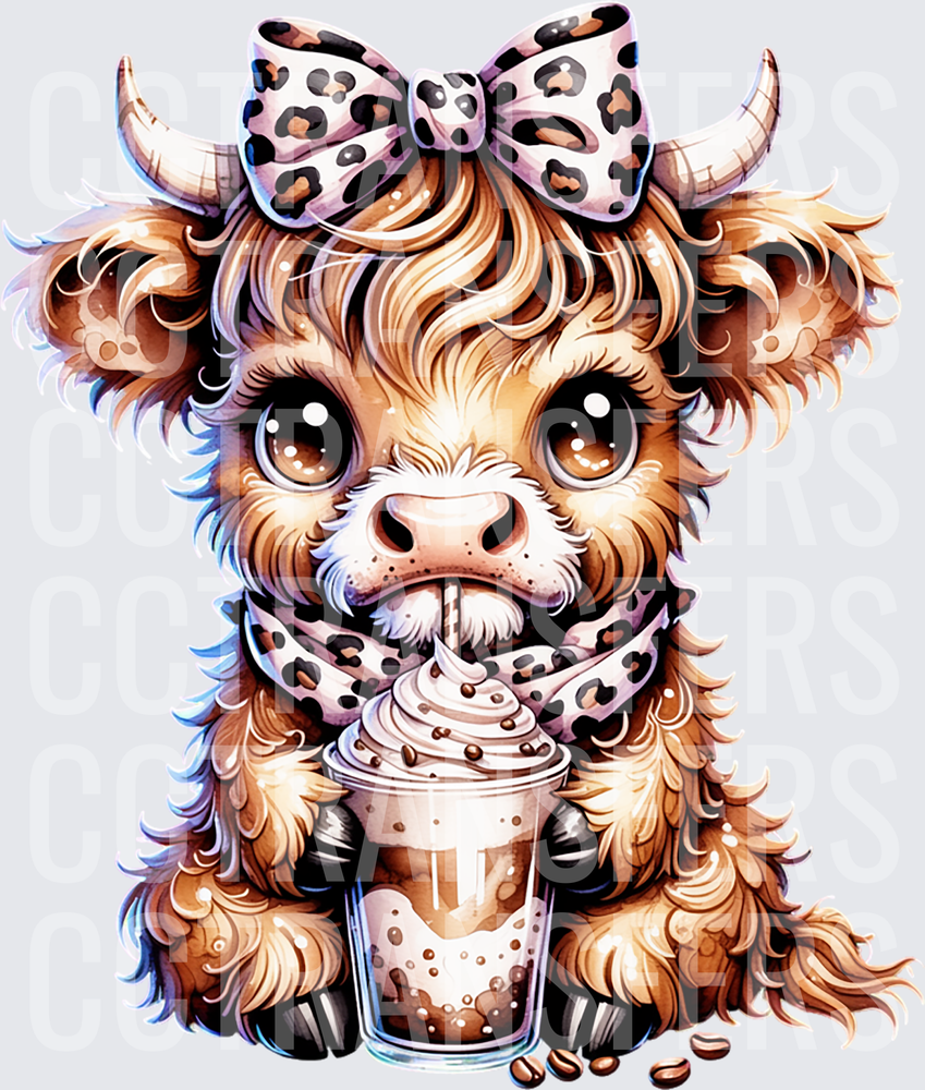 Cute Highland Cow Leopard Bow Iced Coffee (DTF)