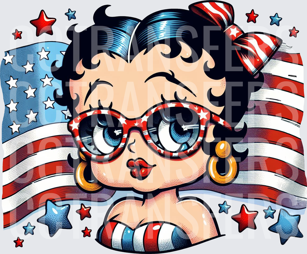 Patriotic Cartoon Girl Stars Stripes Flag Glasses Bow (DTF)