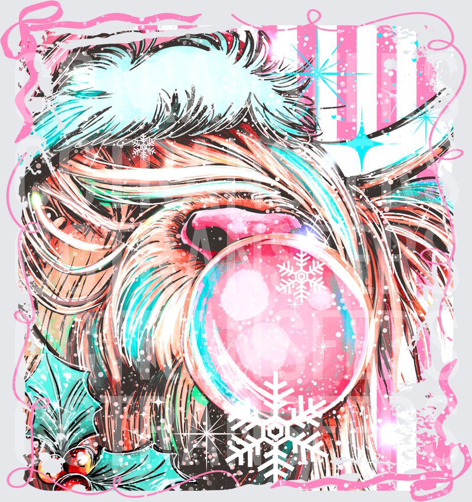 Fluffy Dog Santa Hat Bubblegum Bubble Christmas Snowflakes (DTF)
