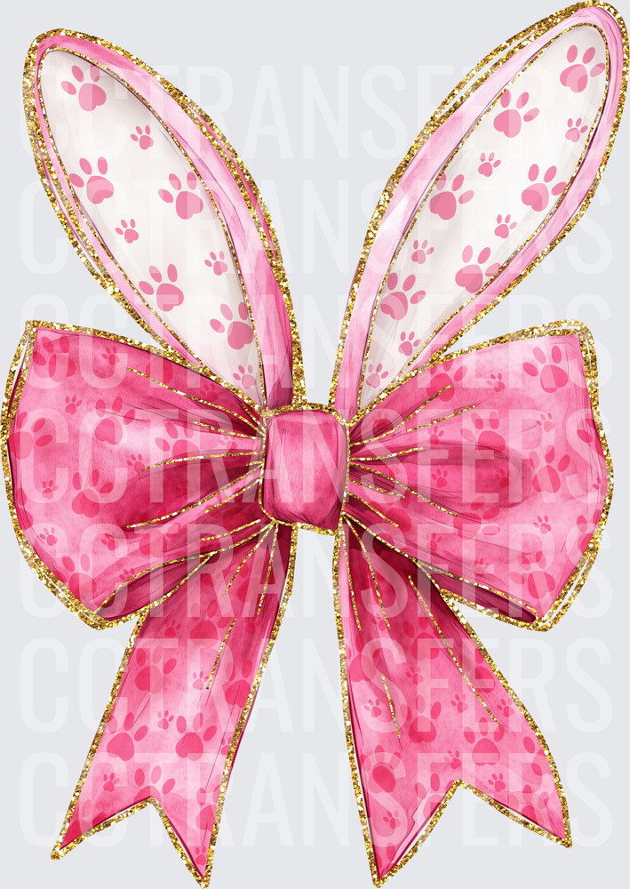 Pink Paw Print Bow with Bunny Ears Gold Glitter Edge (DTF)