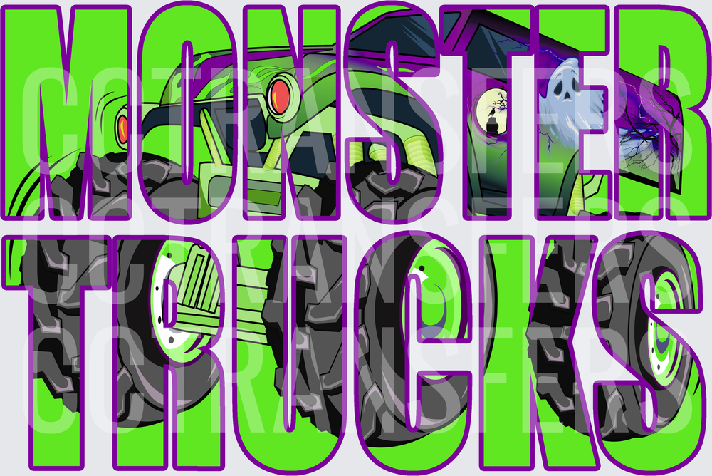 Monster Trucks Bold Green Purple Halloween Ghost Tire Text (DTF)