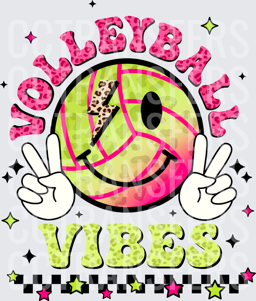 Volleyball Vibes Smiley Face Leopard Print Peace Signs (DTF)
