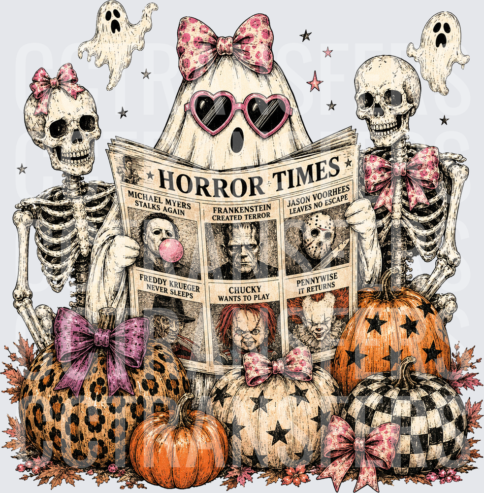 Horror Times Ghost Skeletons Pink Bows Halloween Pumpkins (DTF)