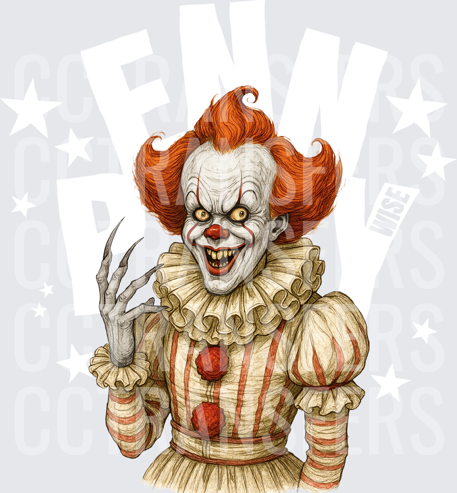 Creepy Clown Red Hair Skeletal Hand Detailed Art (DTF)
