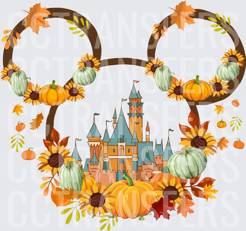 Fall Harvest Castle Silhouette Ears Pumpkins Sunflowers (DTF)