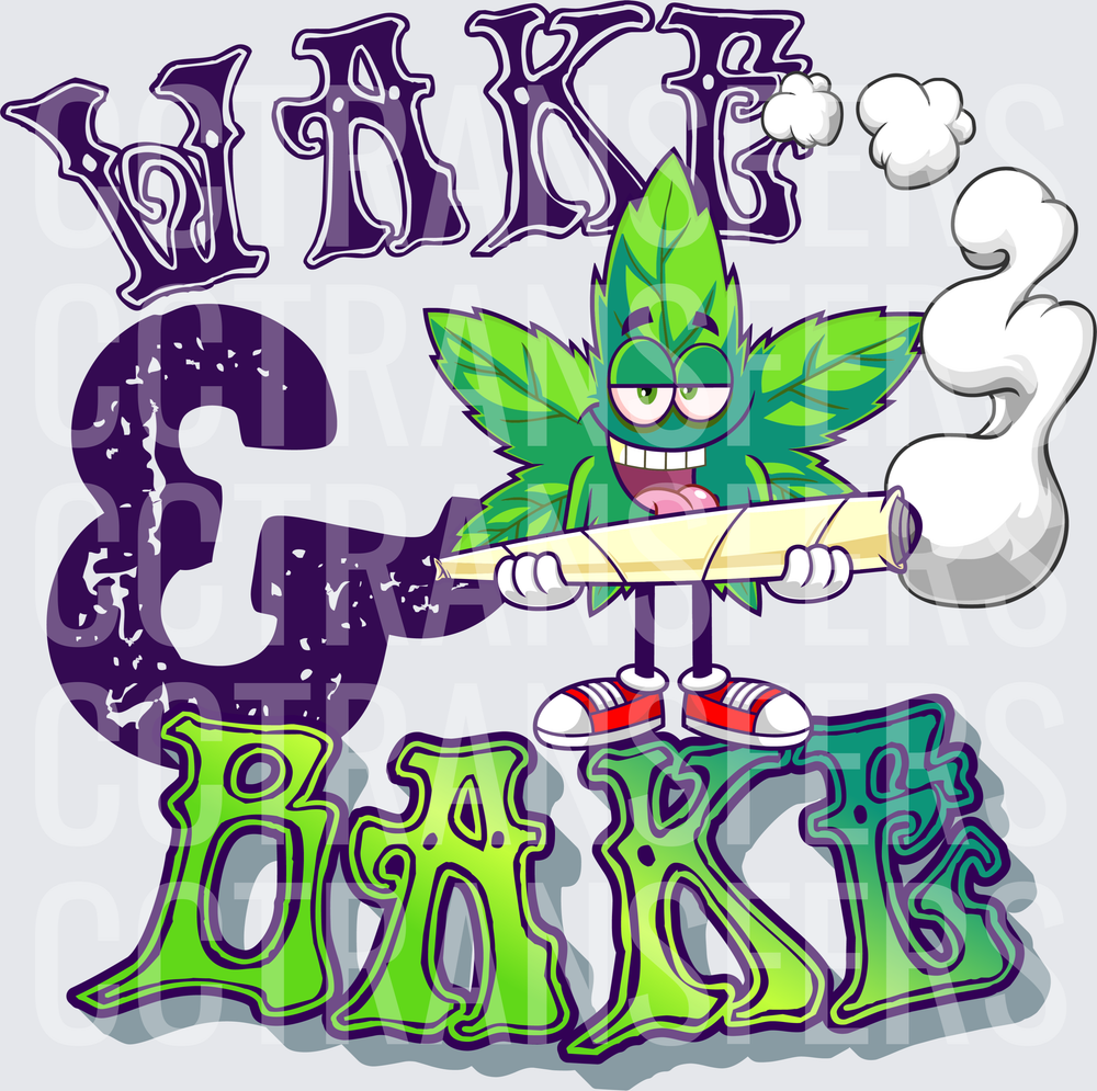Wake & Bake Cartoon Cannabis Leaf Character Smoking (DTF)