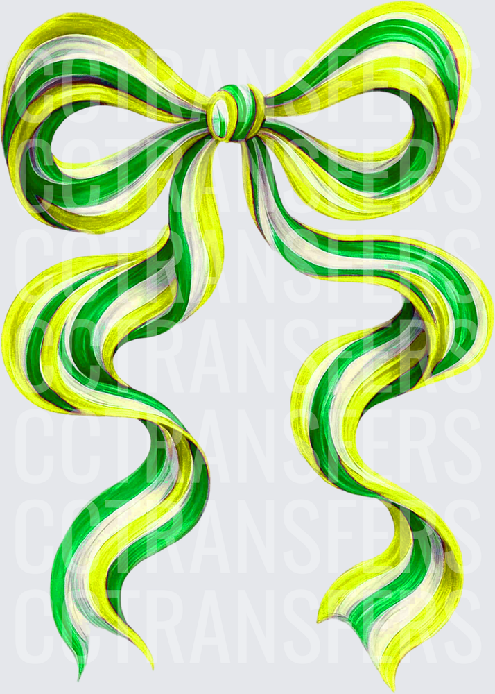 Green Yellow White Striped Ribbon Bow with Flowing Tails (DTF)