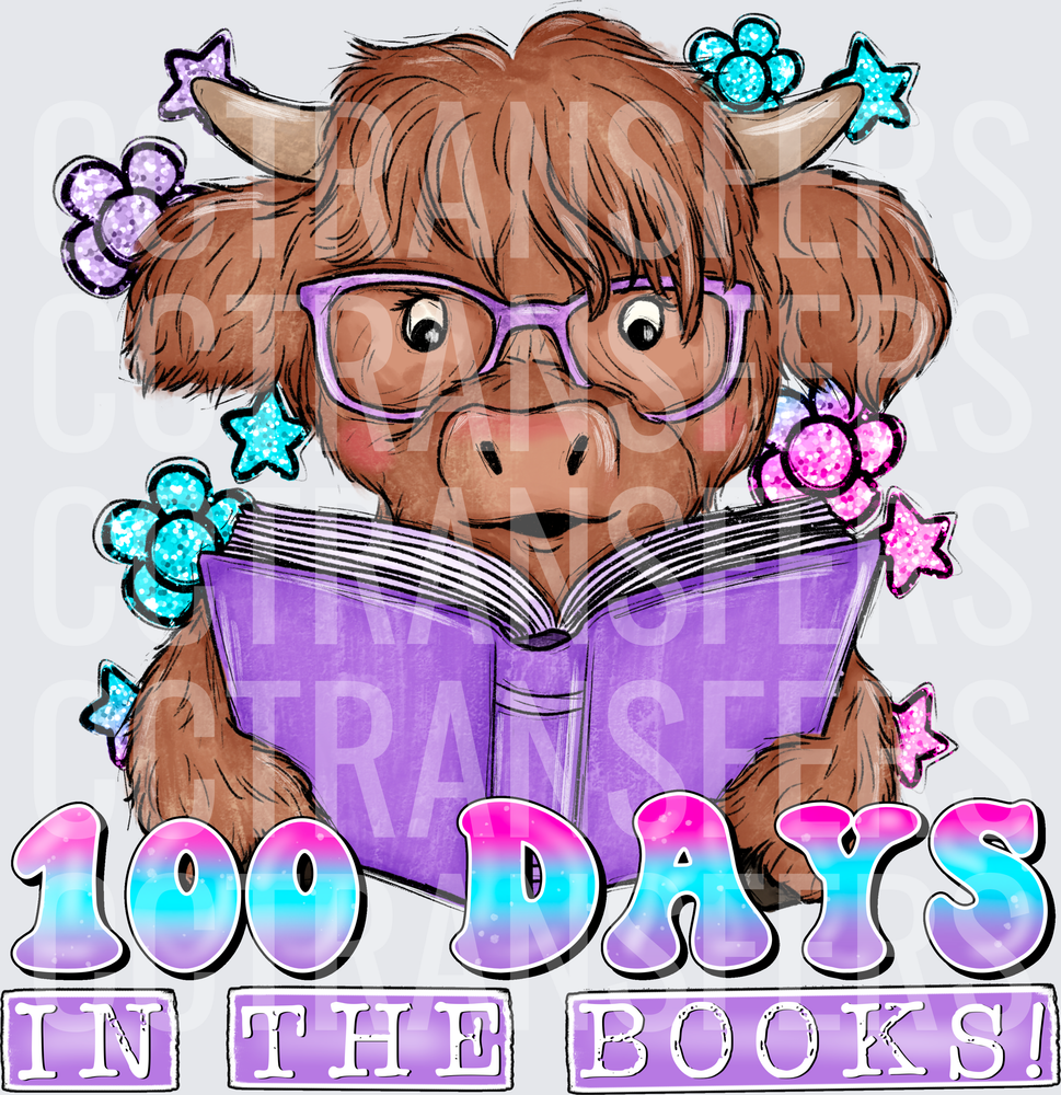 Cute Highland Cow 100 Days In The Books Reading (DTF)