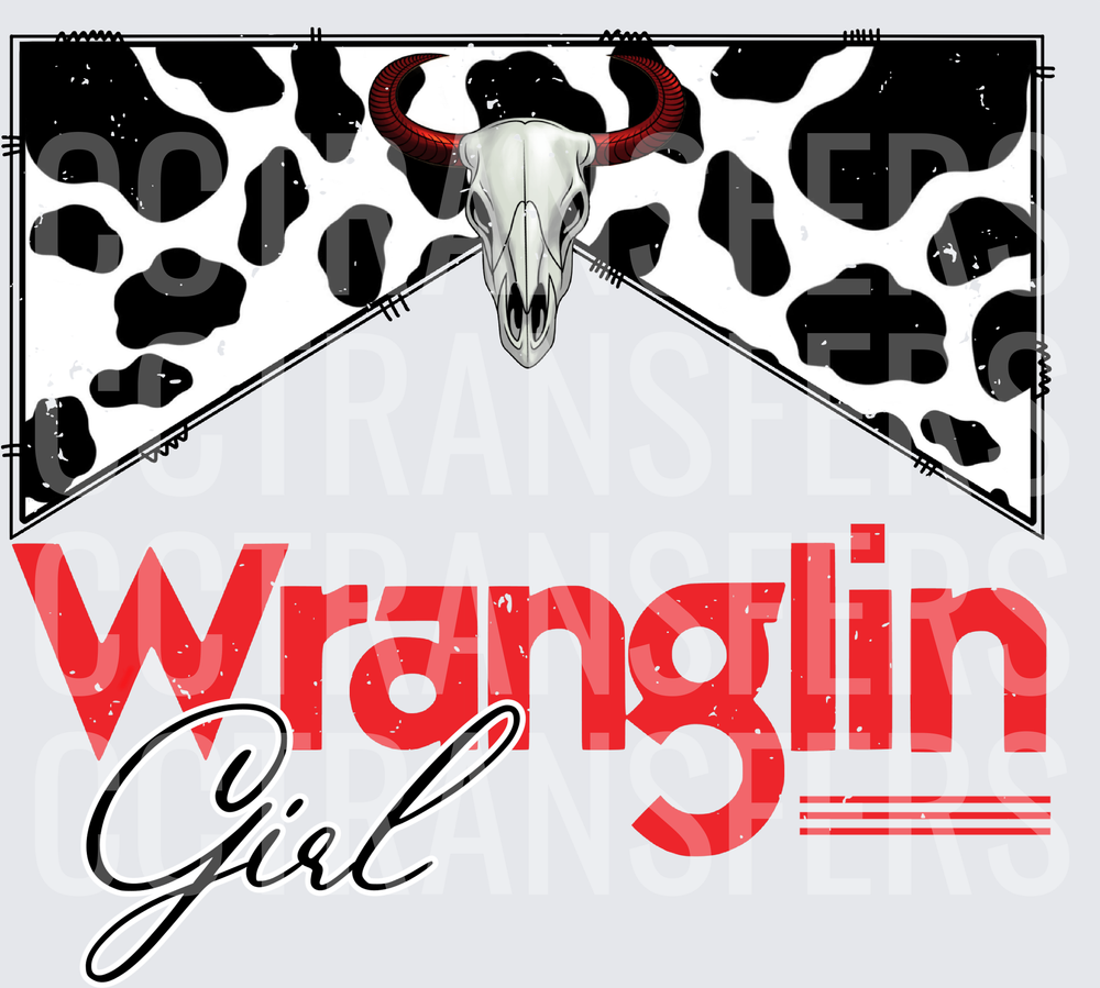Wranglin Girl Cow Skull Red Horns Cowhide Print (DTF)