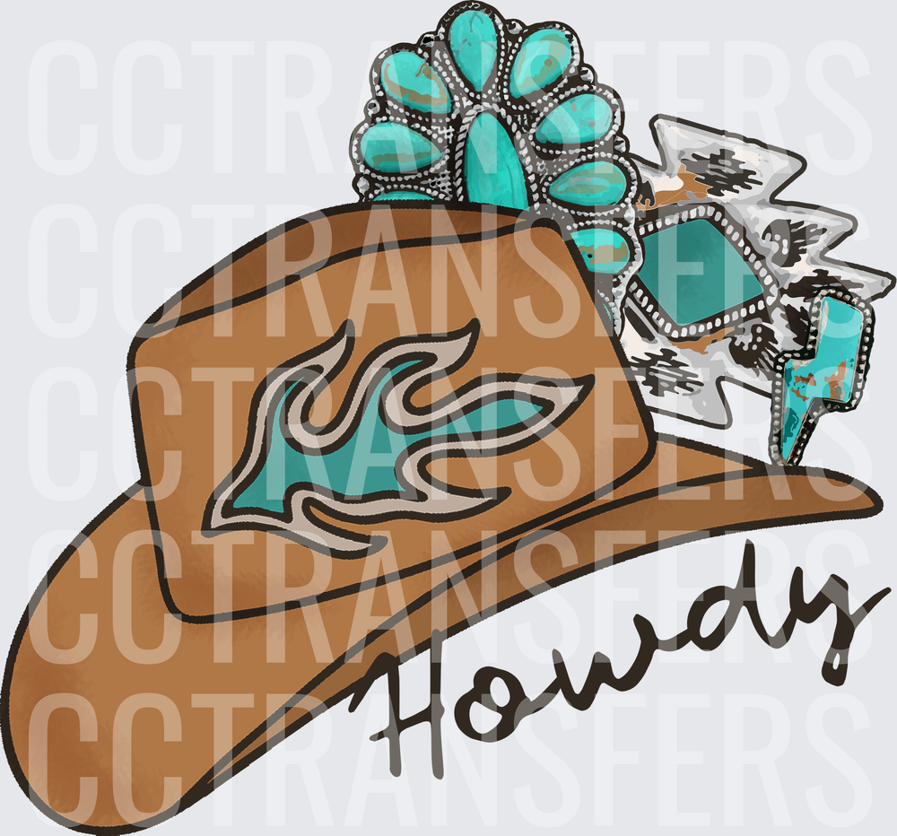 Howdy Brown Cowboy Hat Turquoise Jewels Flame Design (DTF)