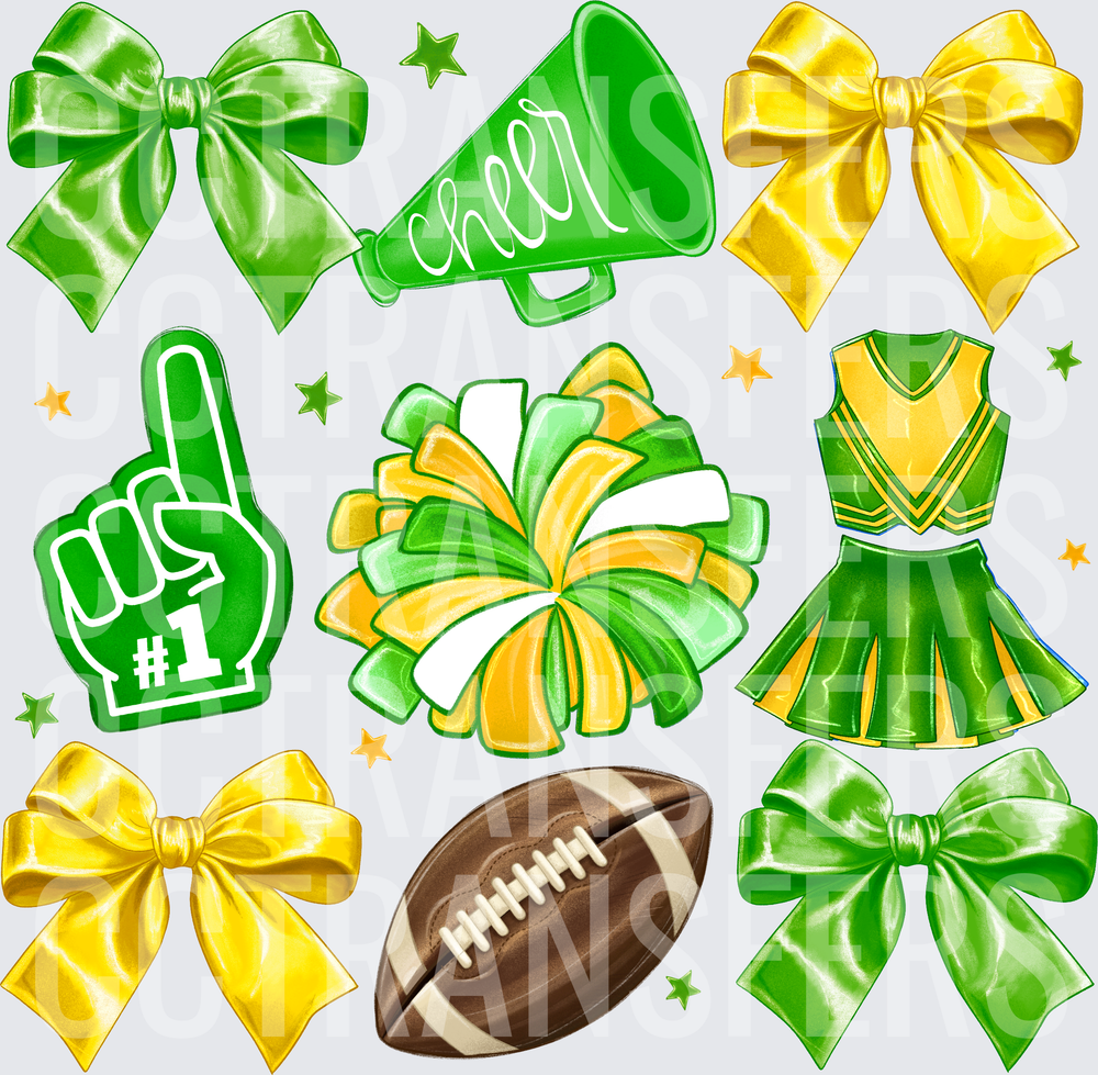 Green & Yellow Cheer Bundle Bows Pom Megaphone Football (DTF)