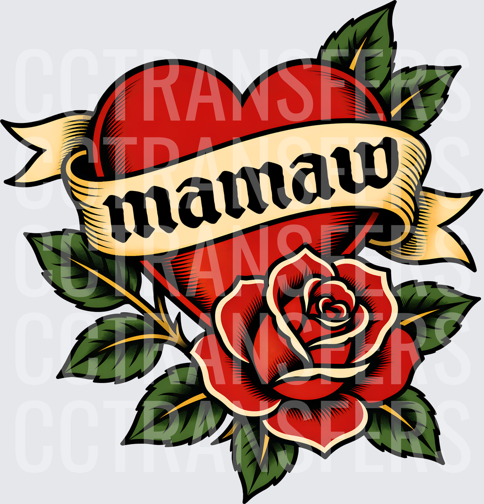 Mamaw Traditional Tattoo Heart Rose Banner (DTF)
