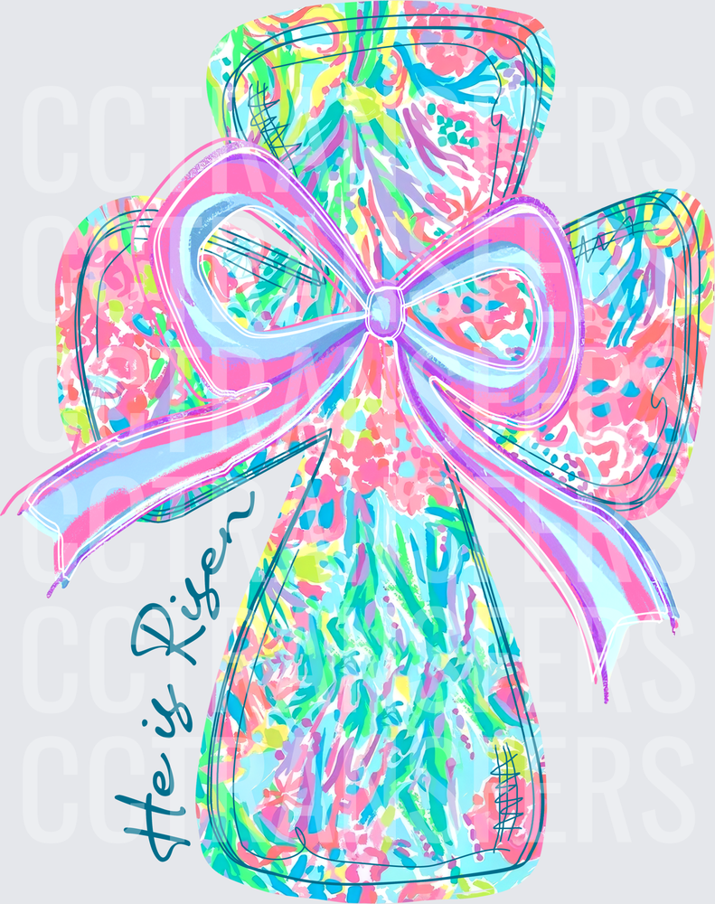 He is Risen Floral Cross with Pink Bow (DTF)