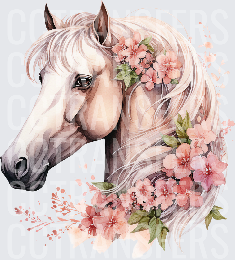 Watercolor Horse Portrait with Pink Floral Mane (DTF)