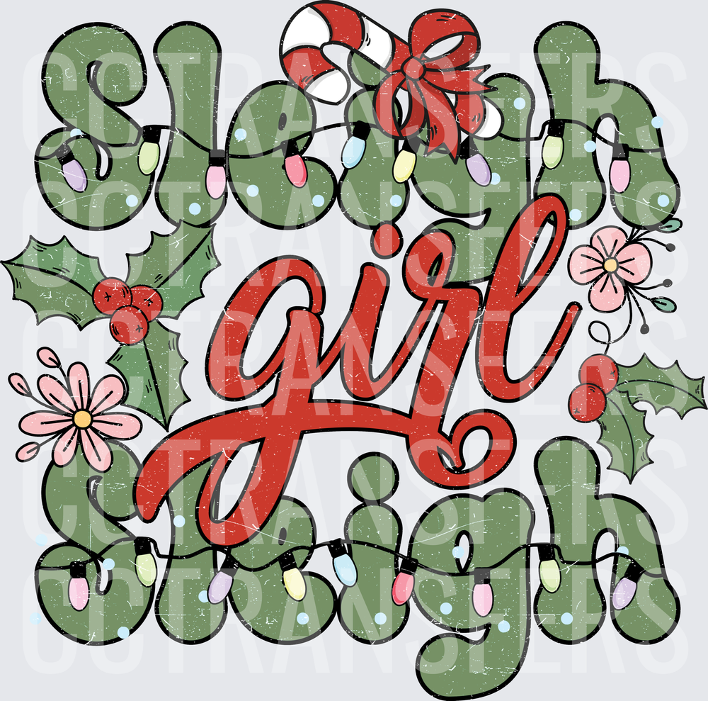 Sleigh Girl Sleigh Christmas Lights Holly Retro (DTF)