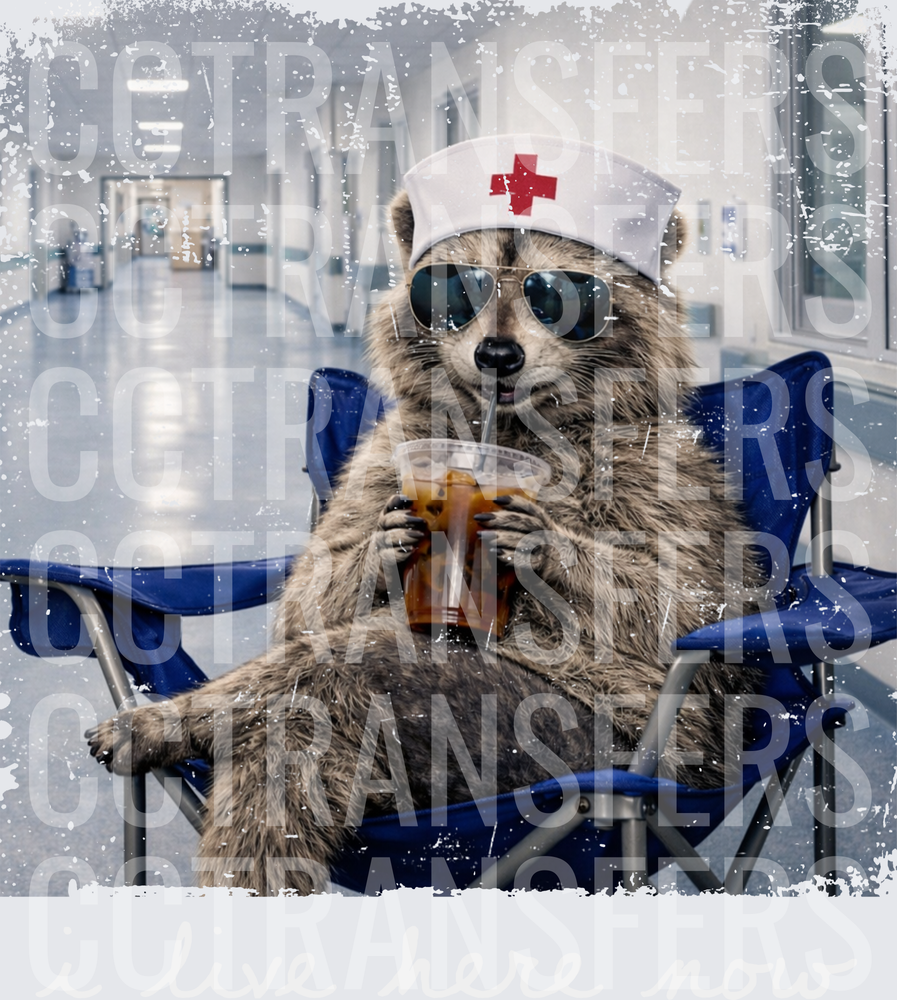 Raccoon Nurse Sipping Iced Coffee I Live Here Now (DTF)