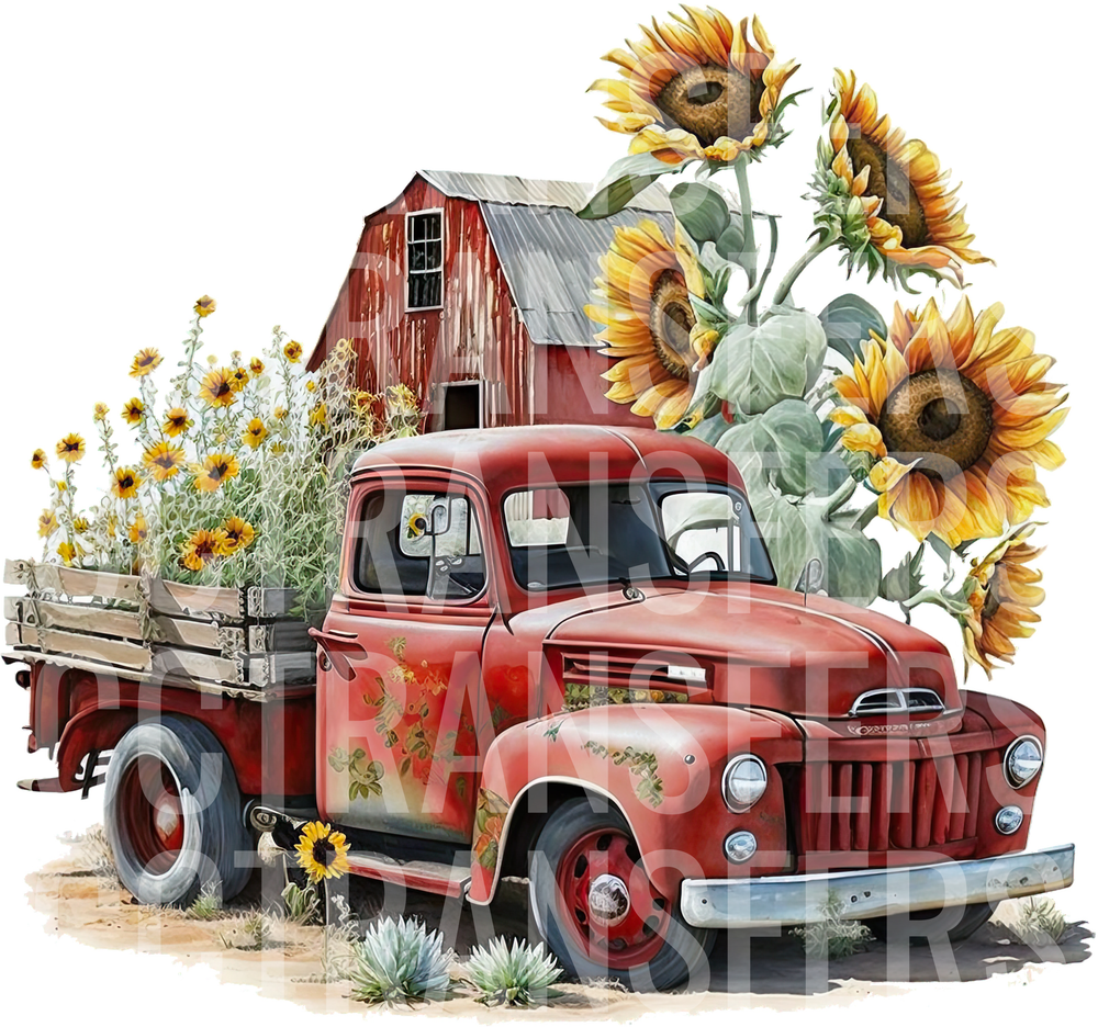 Rustic Red Farm Truck Sunflowers Red Barn (DTF)