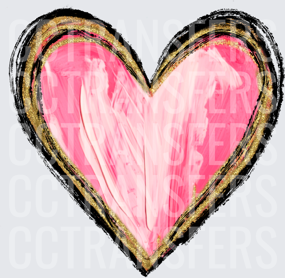 Pink Painted Heart with Gold Glitter and Black Outline (DTF)