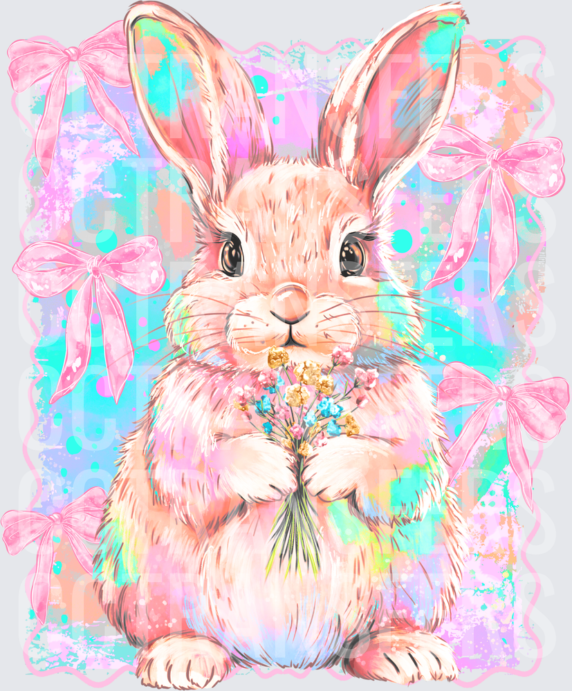 Pastel Bunny Holding Wildflowers Pink Bows Splash (DTF)