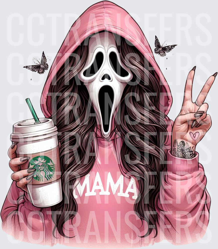 Mama Ghost Face Pink Hoodie Coffee Peace Sign (DTF)