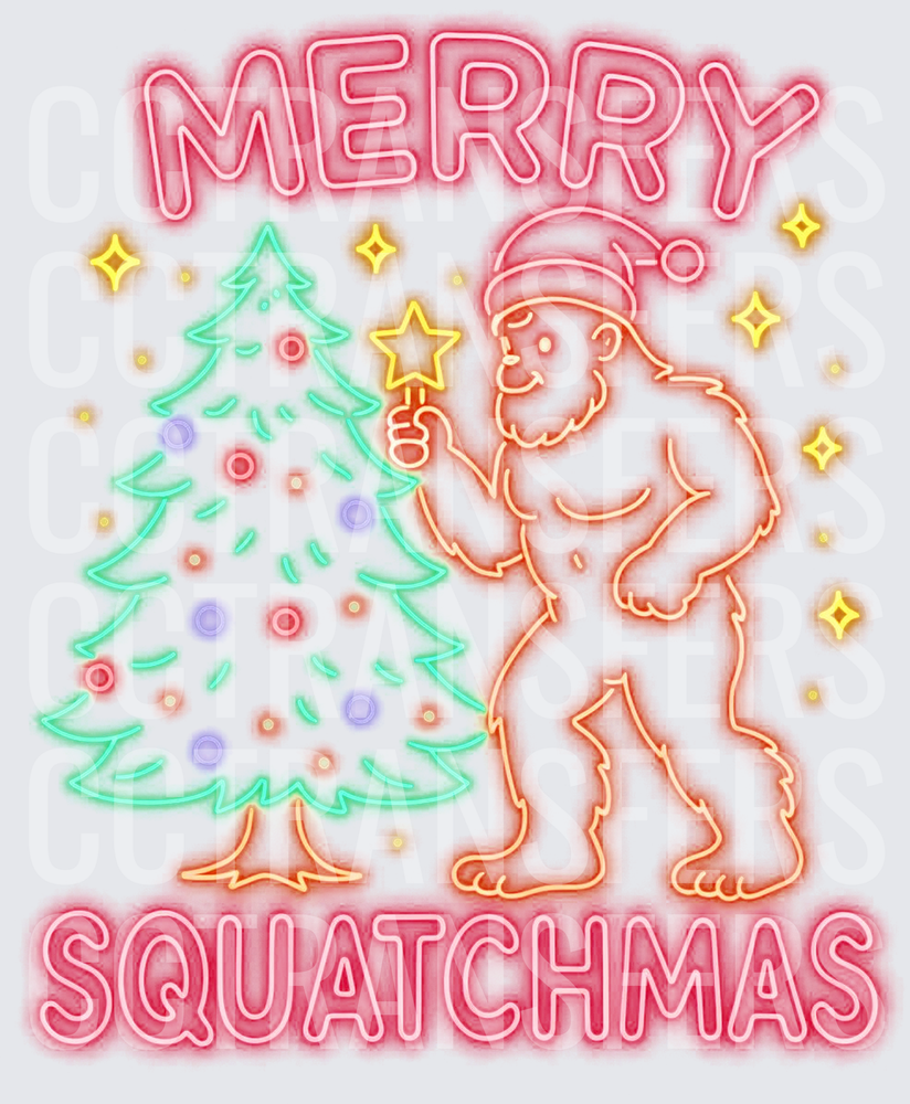 Merry Squatchmas Neon Bigfoot Santa Christmas Tree (DTF)