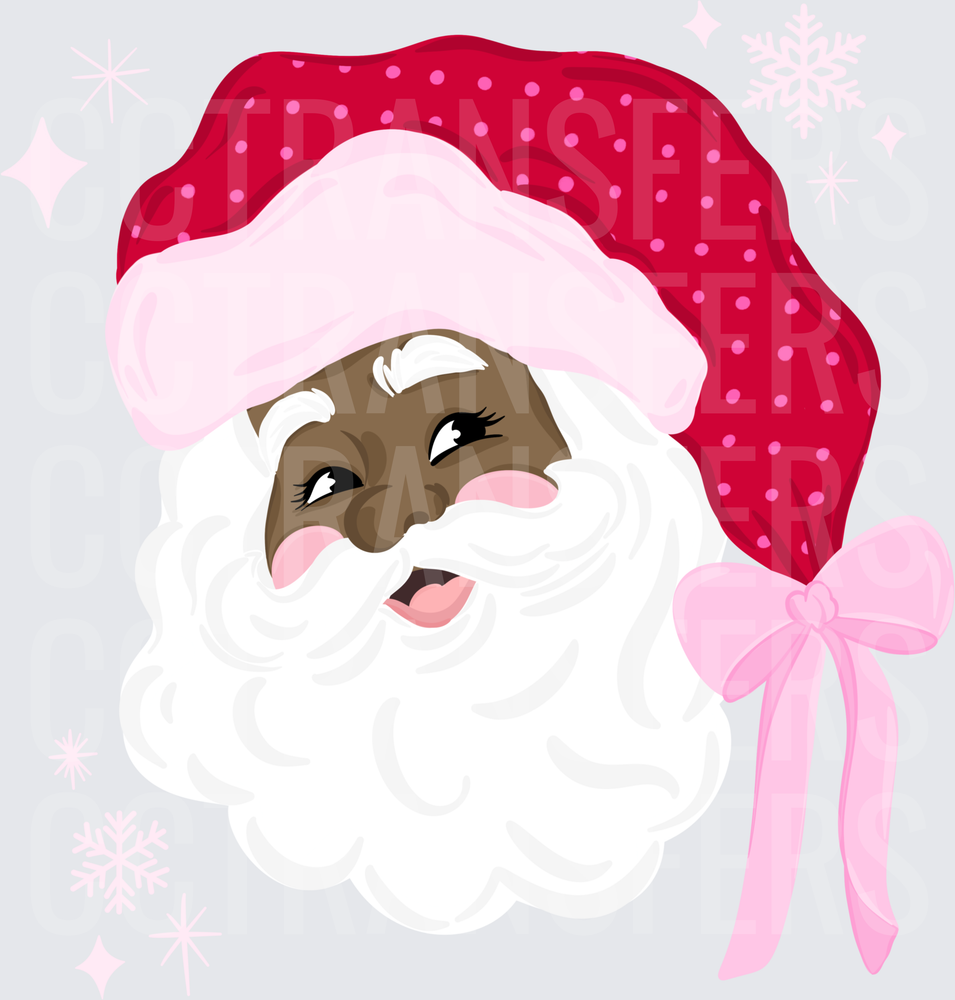 Jolly Black Santa Pink Polka Dot Hat Bow Snowflakes (DTF)