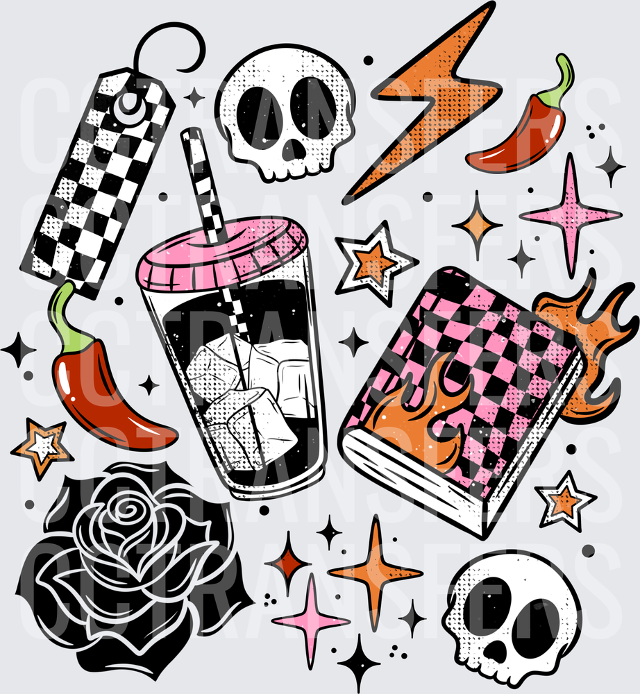 Edgy Checkered Skull Rose Iced Coffee Flash Collage (DTF)