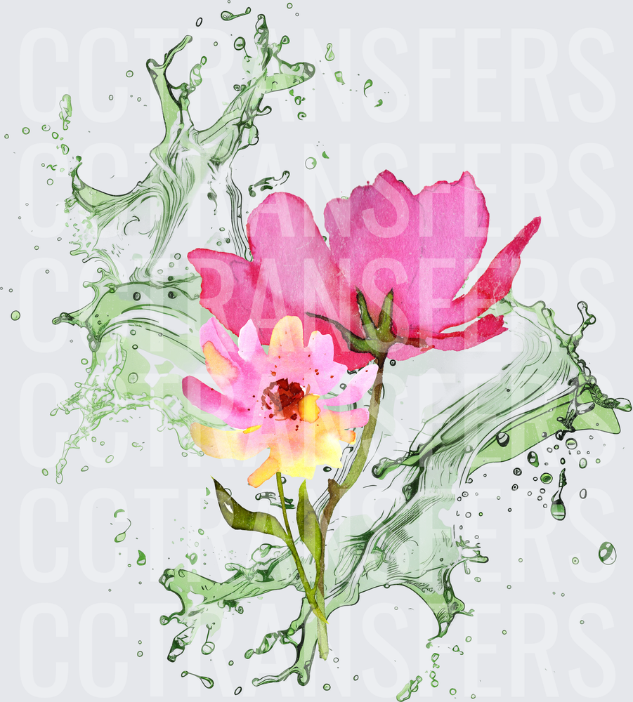 Watercolor Pink Peony with Green Liquid Splash (DTF)