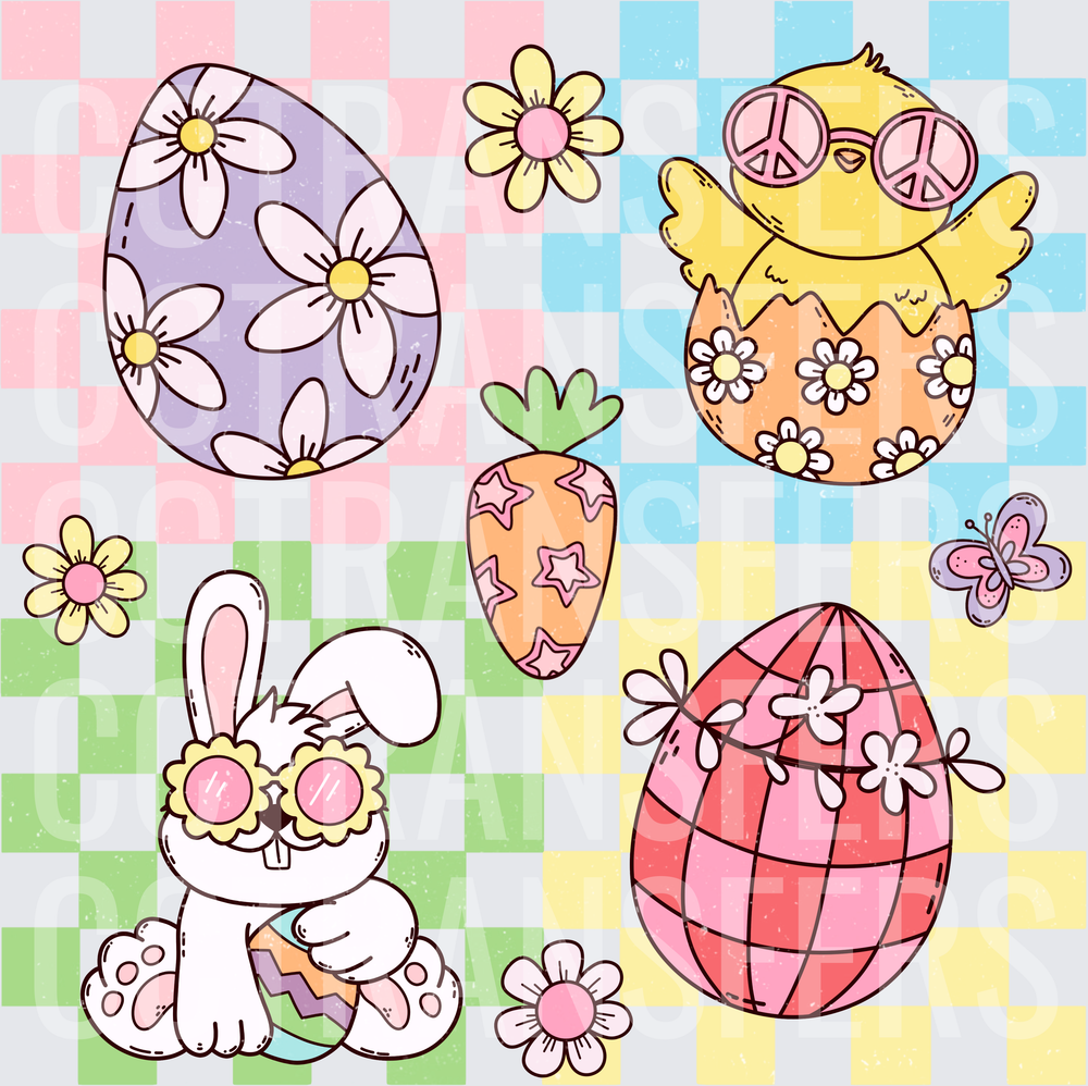 Retro Groovy Easter Bunny Chick Eggs Floral Checkerboard (DTF)