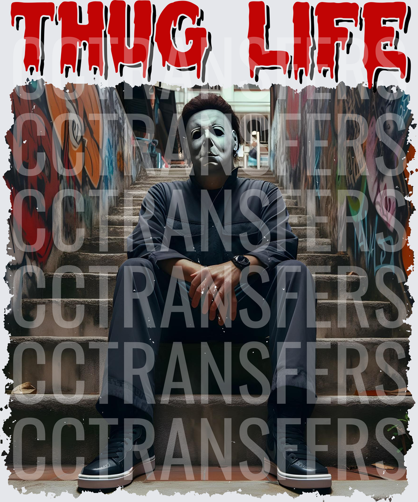Thug Life Horror Mask Figure Sitting on Graffiti Steps (DTF)