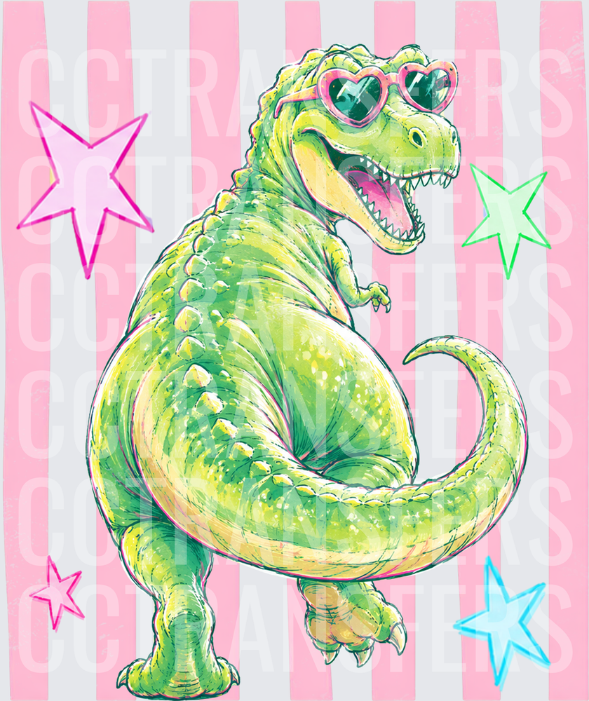 Sassy Green T-Rex Heart Sunglasses Pink Stripes Stars (DTF)