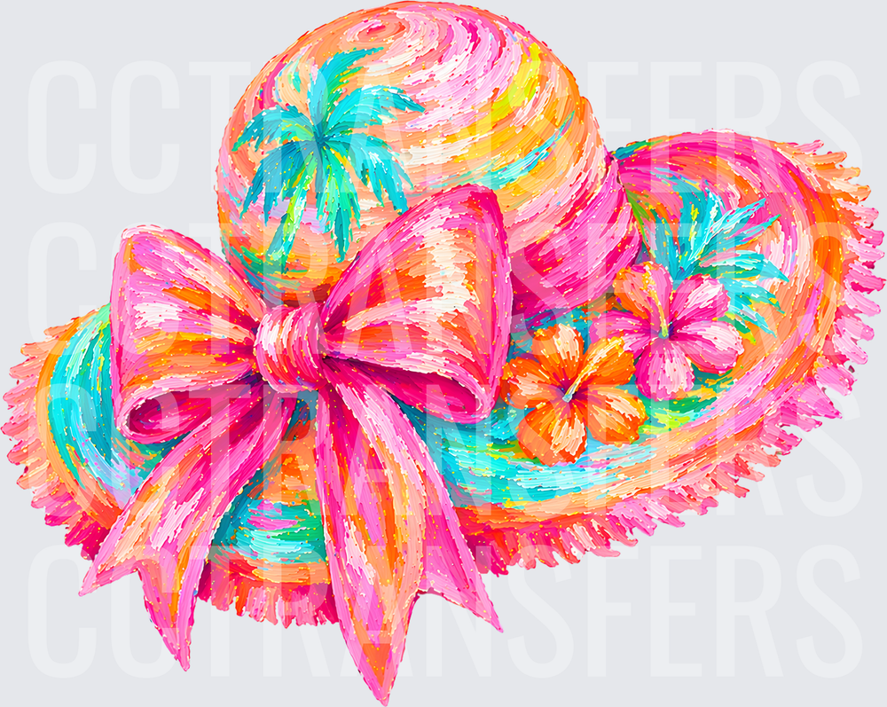 Colorful Wide Brim Sun Hat Pink Bow Tropical Flowers (DTF)