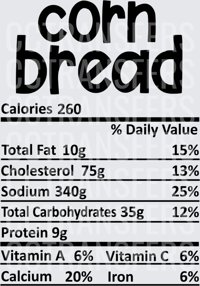 Corn Bread Nutrition Facts Label Bold Text (DTF)