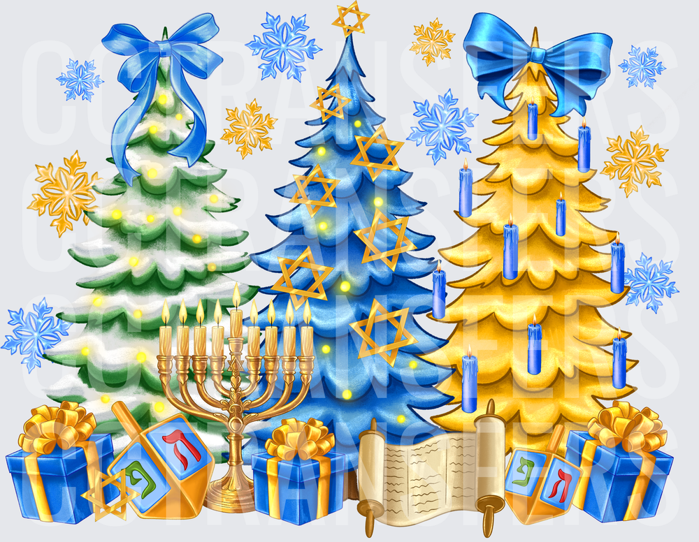 Hanukkah Trees Menorah Dreidels Gifts Snowflakes (DTF)