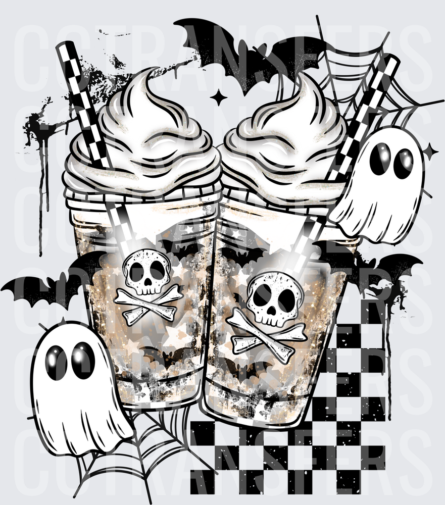 Halloween Whipped Cream Drinks Skulls Ghosts Bats Checkered (DTF)