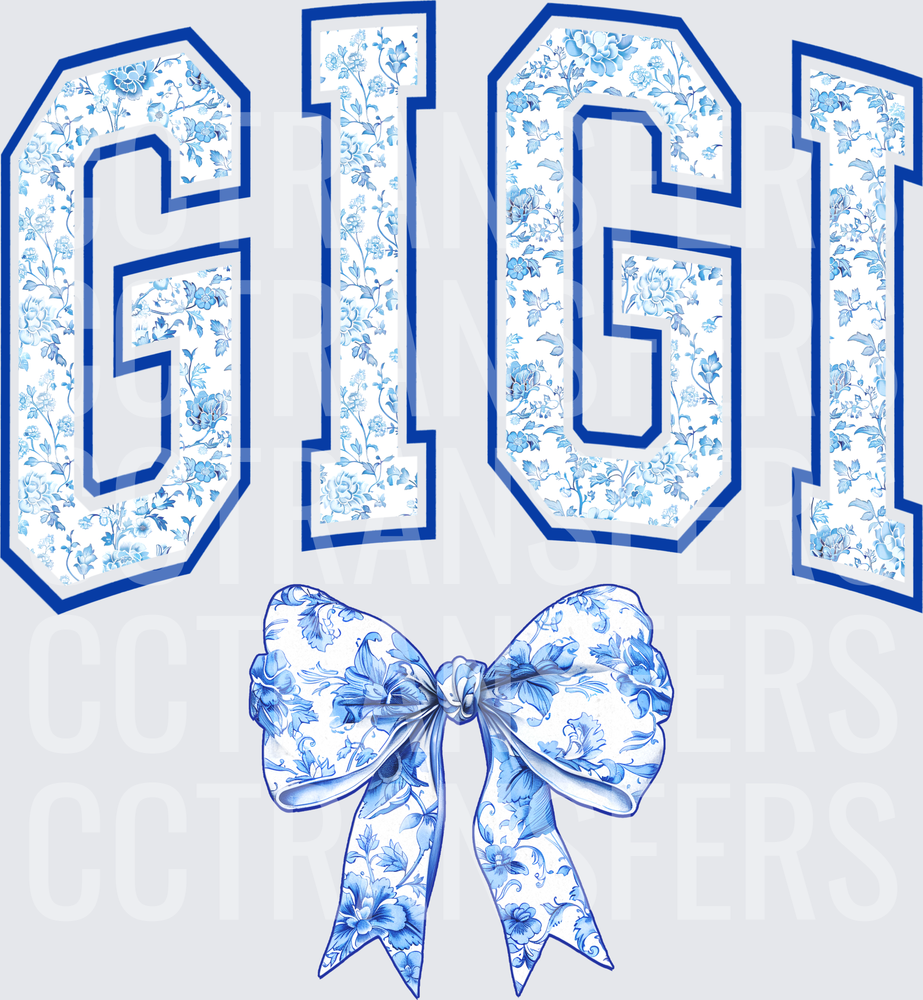 Gigi Blue Floral Varsity Letters with Bow (DTF)