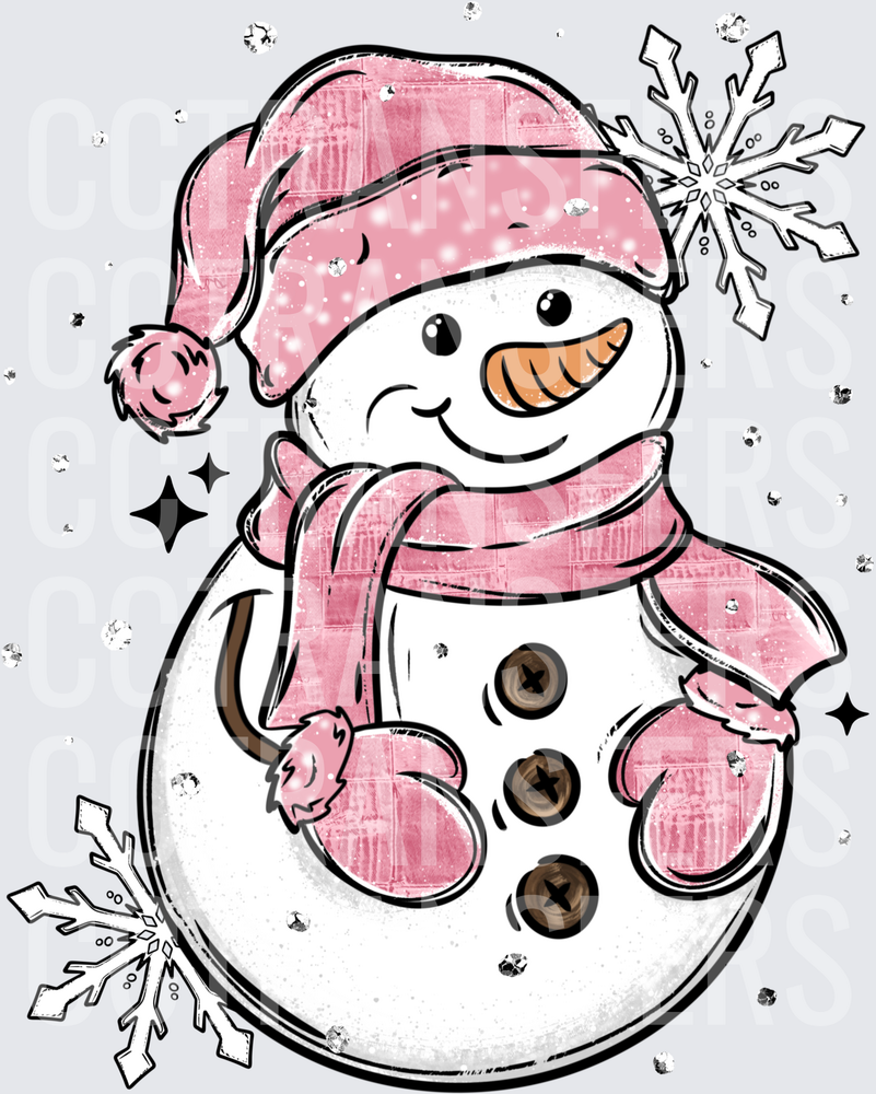 Cute Pink Snowman Santa Hat Scarf Mittens Snowflakes (DTF)