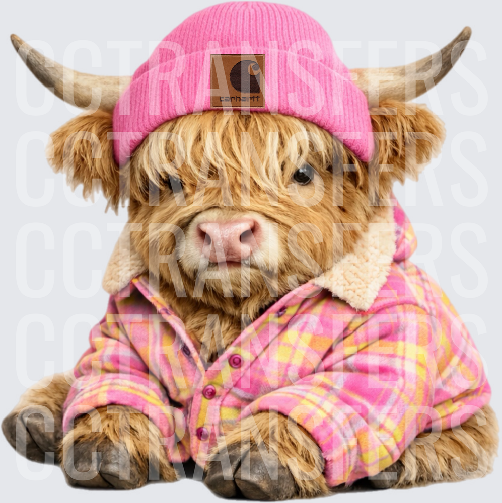 Fluffy Baby Highland Cow Pink Plaid Flannel Beanie (DTF)