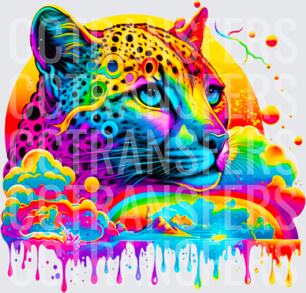 Psychedelic Rainbow Leopard with Dripping Paint Clouds (DTF)
