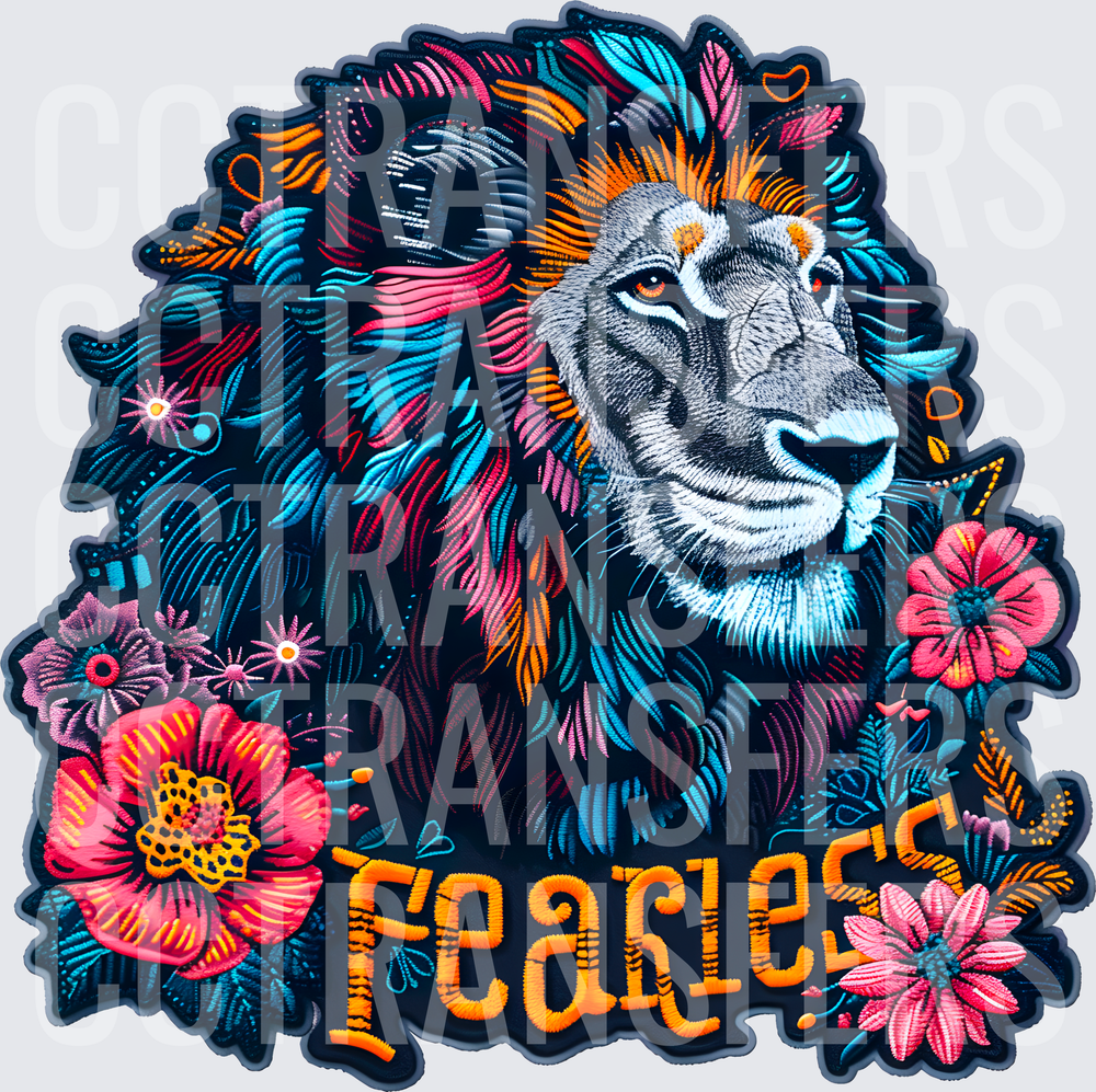 Fearless Lion Colorful Floral Embroidery Style (DTF)