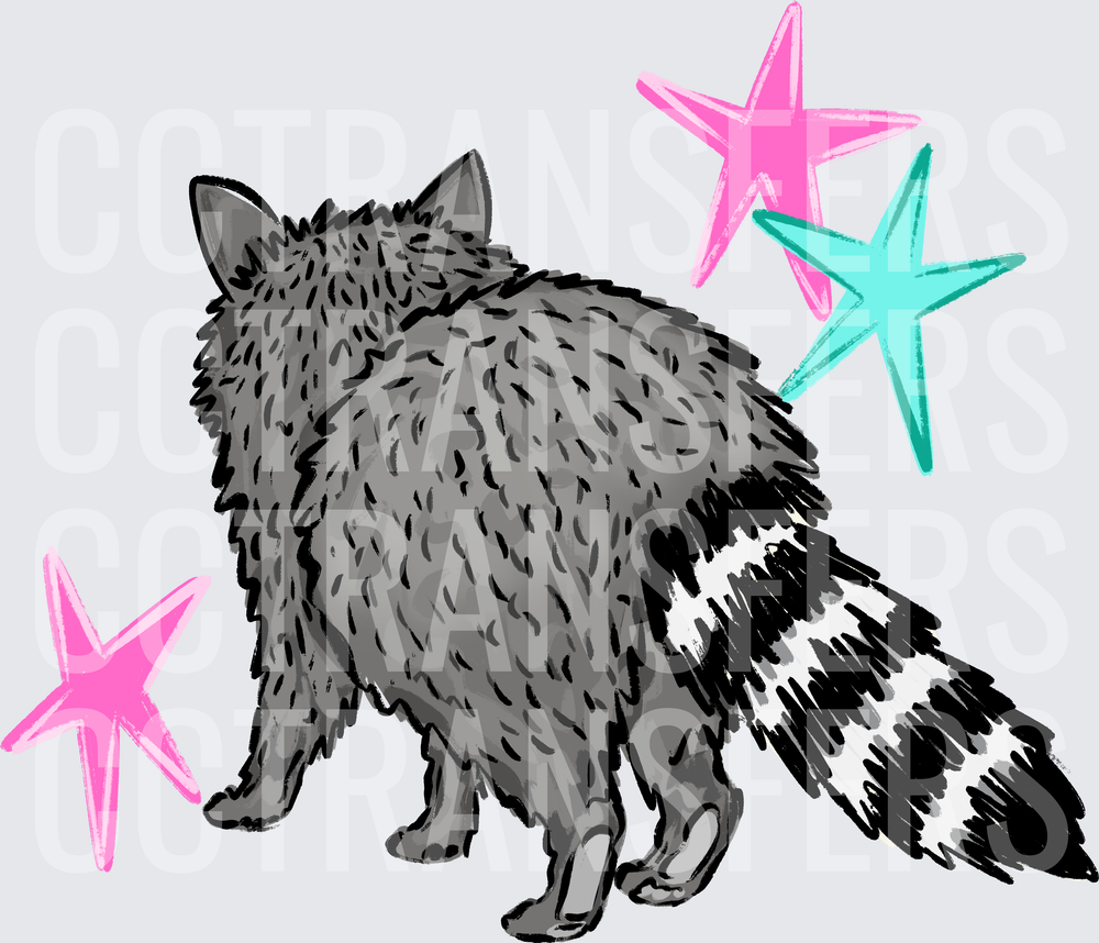Fluffy Raccoon Back View with Colorful Stars (DTF)