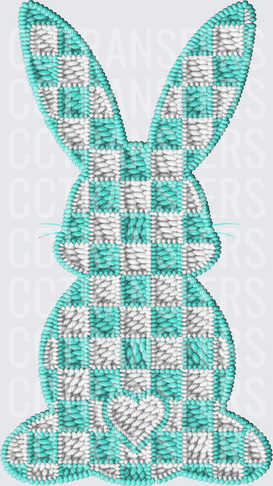 Teal Checkered Embroidery Style Easter Bunny (DTF)