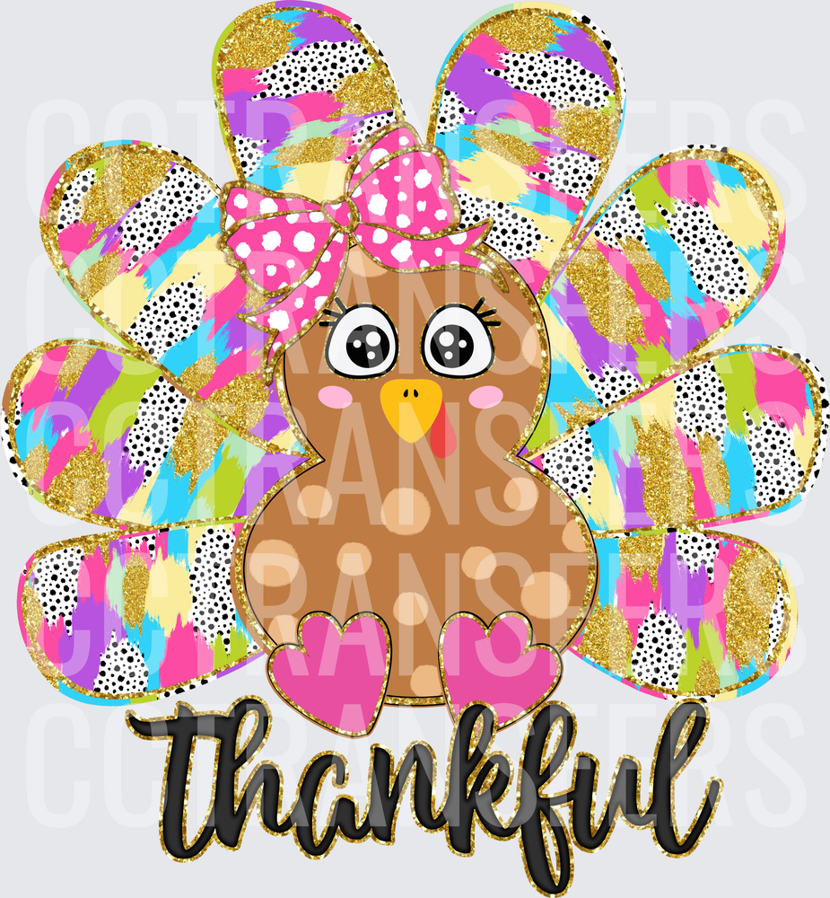 Thankful Cute Turkey Girl Pink Bow Colorful Feathers (DTF)