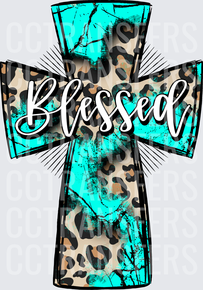 Blessed Turquoise Leopard Print Cross (DTF)