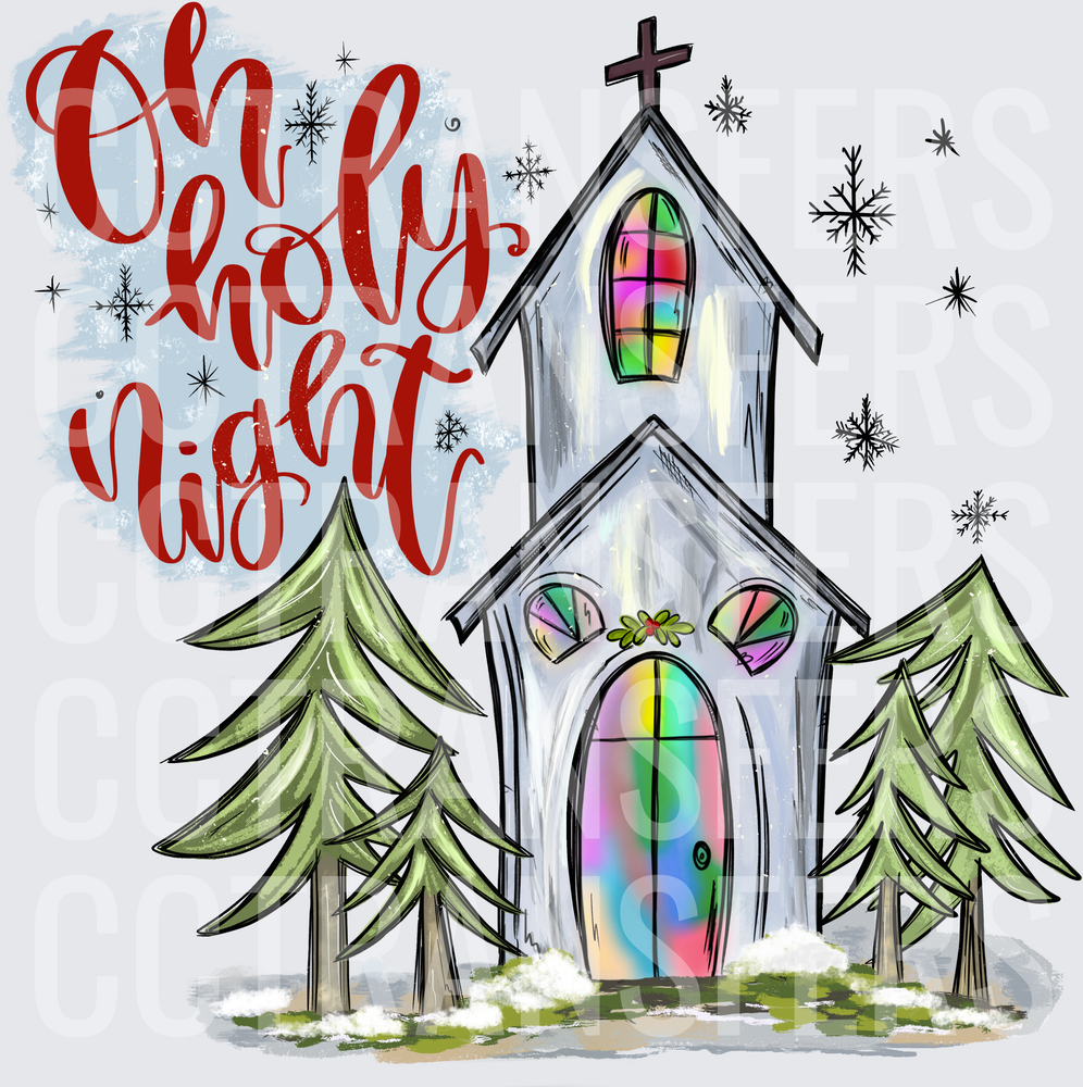 Oh Holy Night Winter Church with Pine Trees (DTF)