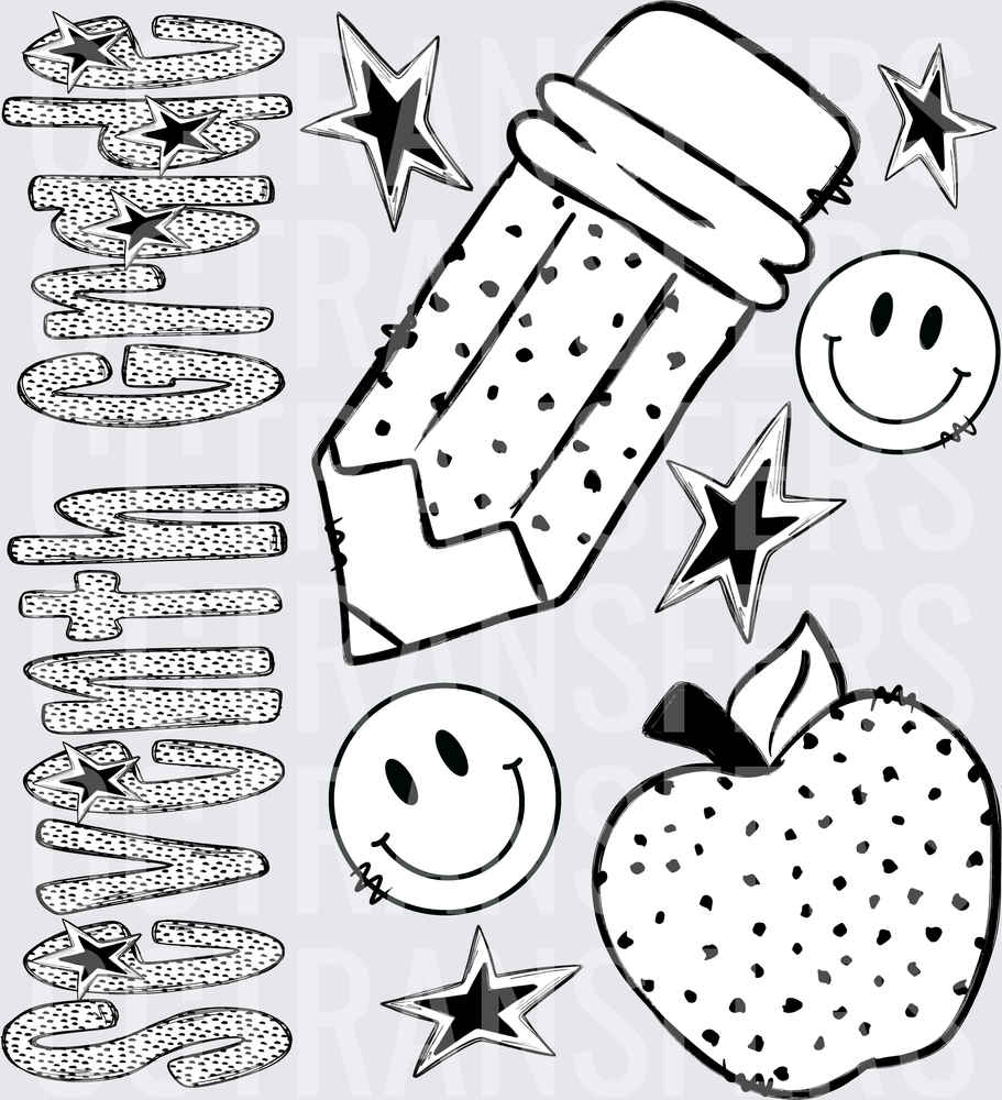Black & White Back To School Pencil Apple Smiley Stars (DTF)